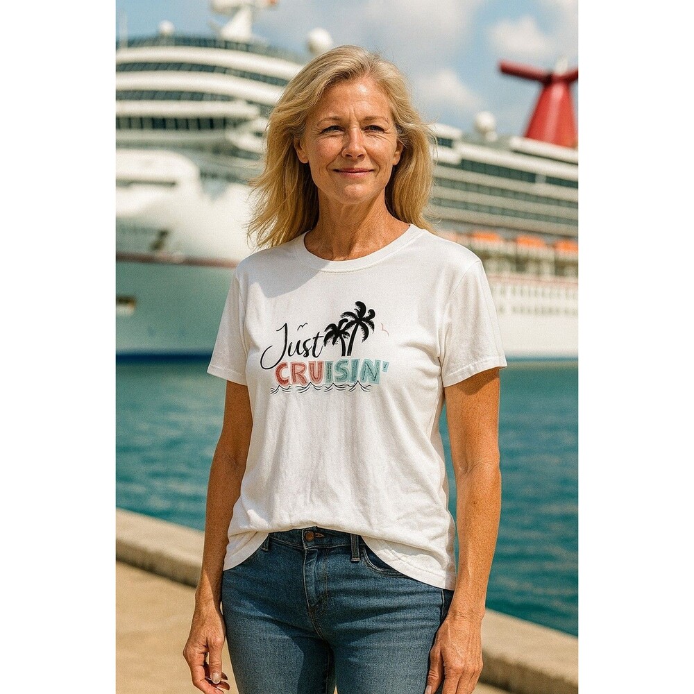 Just Cruisin White Graphic Tee Women Palm Tree Cruise Shirt Size XL